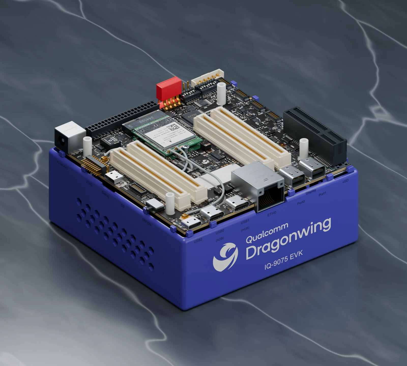 Qualcomm Dragonwing IQ-9075 Evaluation Kit model rendered on a slate-grey marble floor