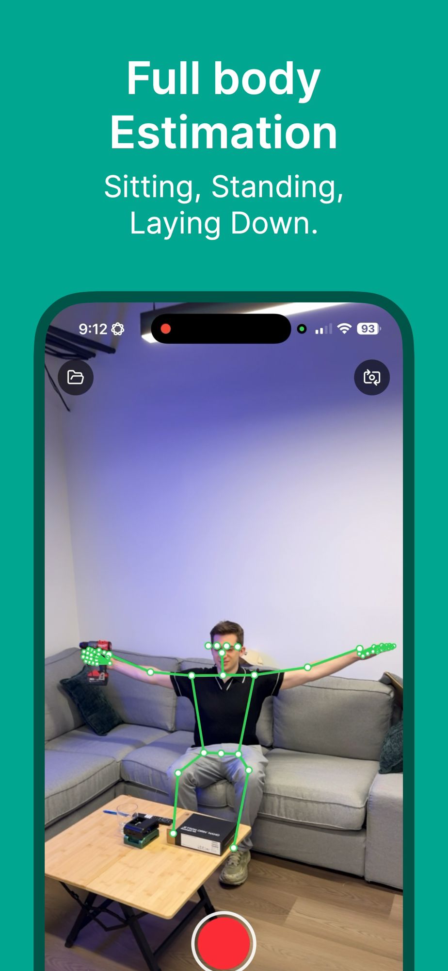 Full-body pose estimation of a seated person with arms outstretched