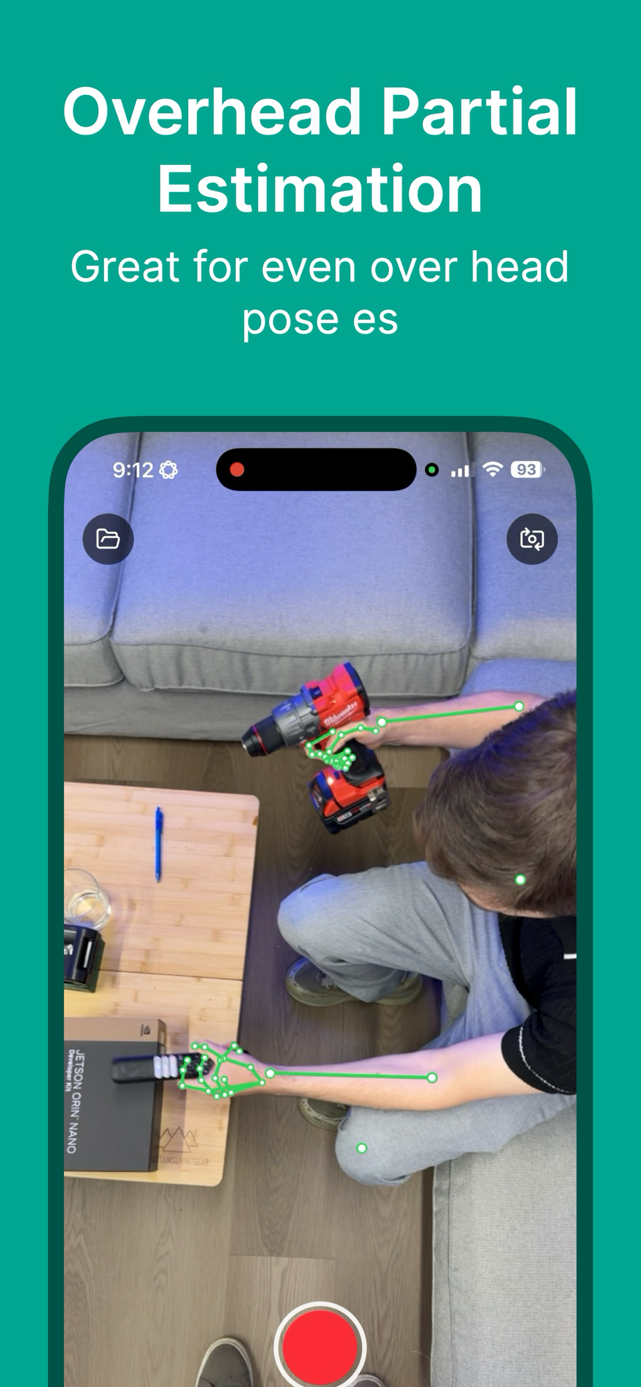 Overhead camera angle estimating arm and hand pose while a person uses a drill, with a Jetson Orin Nano dev kit on the table