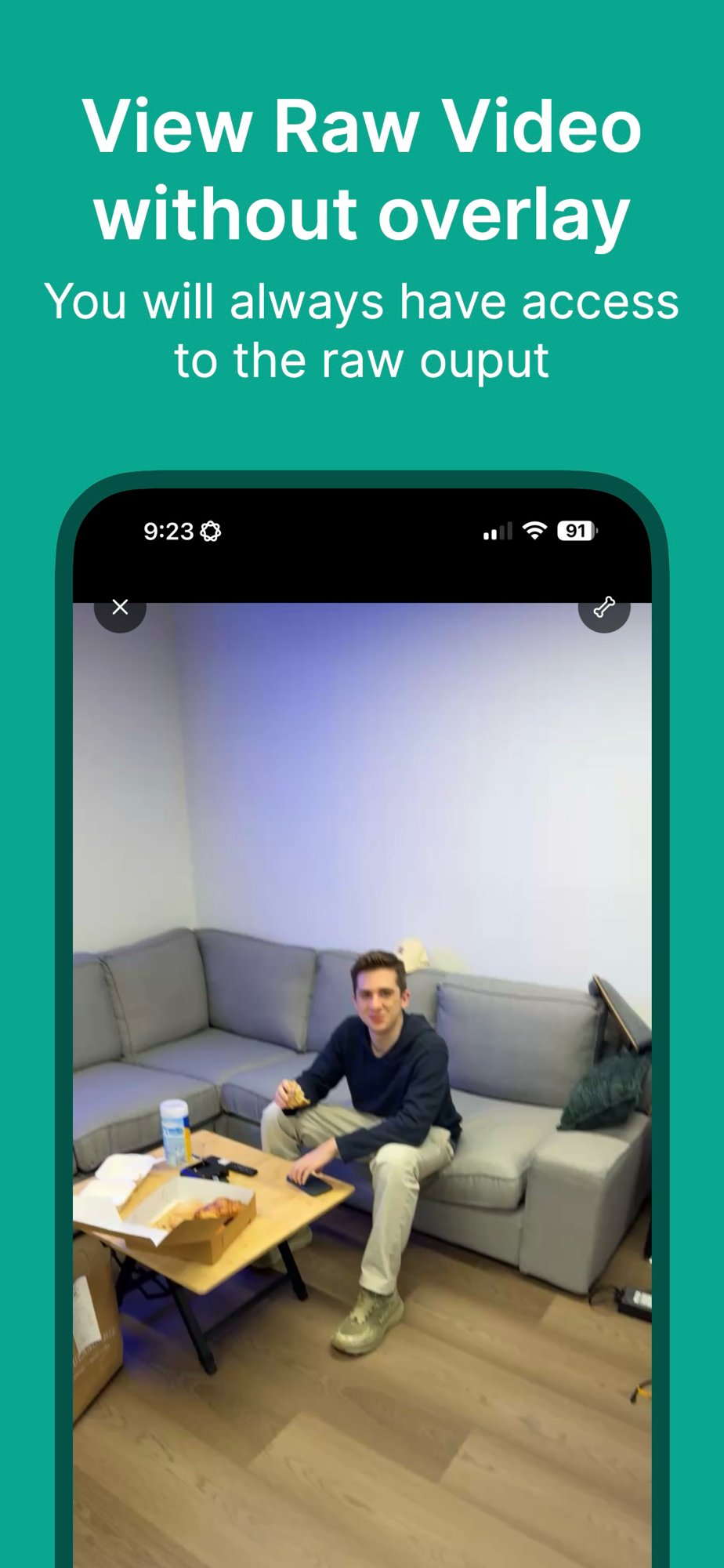 Replaying a recorded session with the pose overlay toggled off, showing the raw video