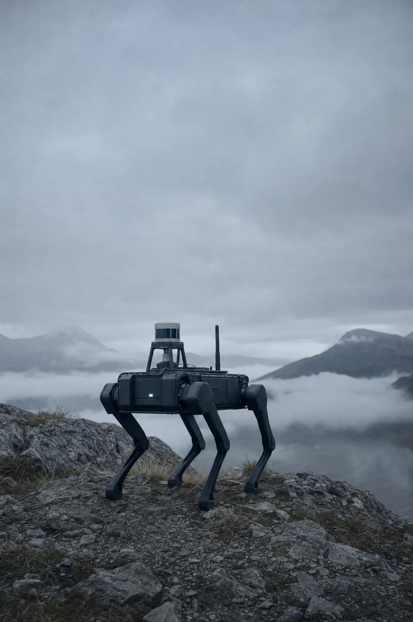 Quadruped unmanned ground vehicle with a sensor mast on a misty ridgeline
