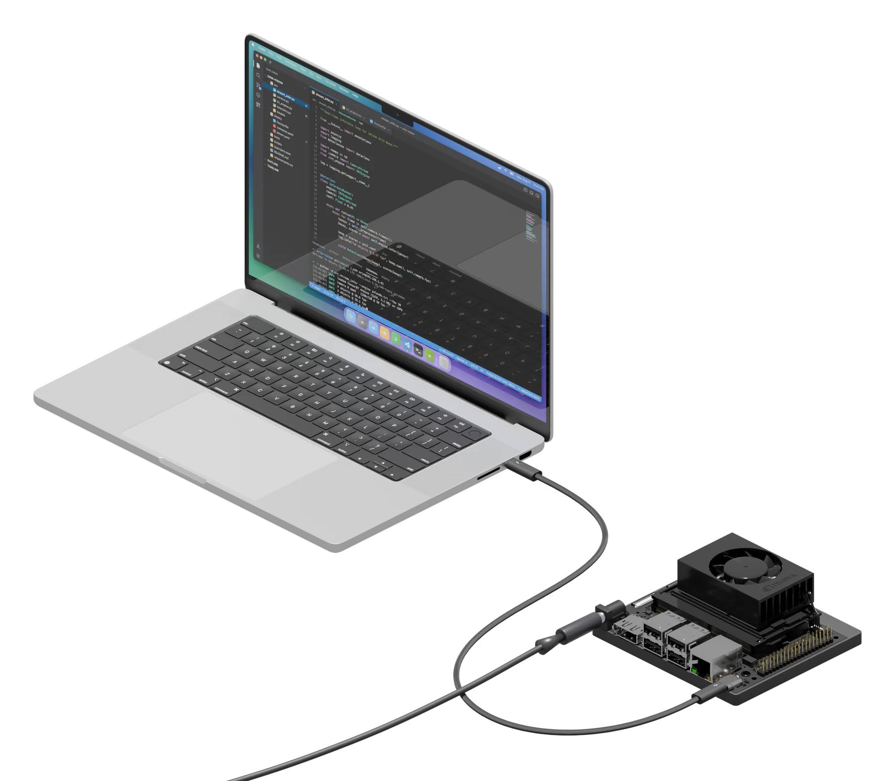 A MacBook Pro connected to an NVIDIA Jetson Orin Nano developer kit with a USB-C cable