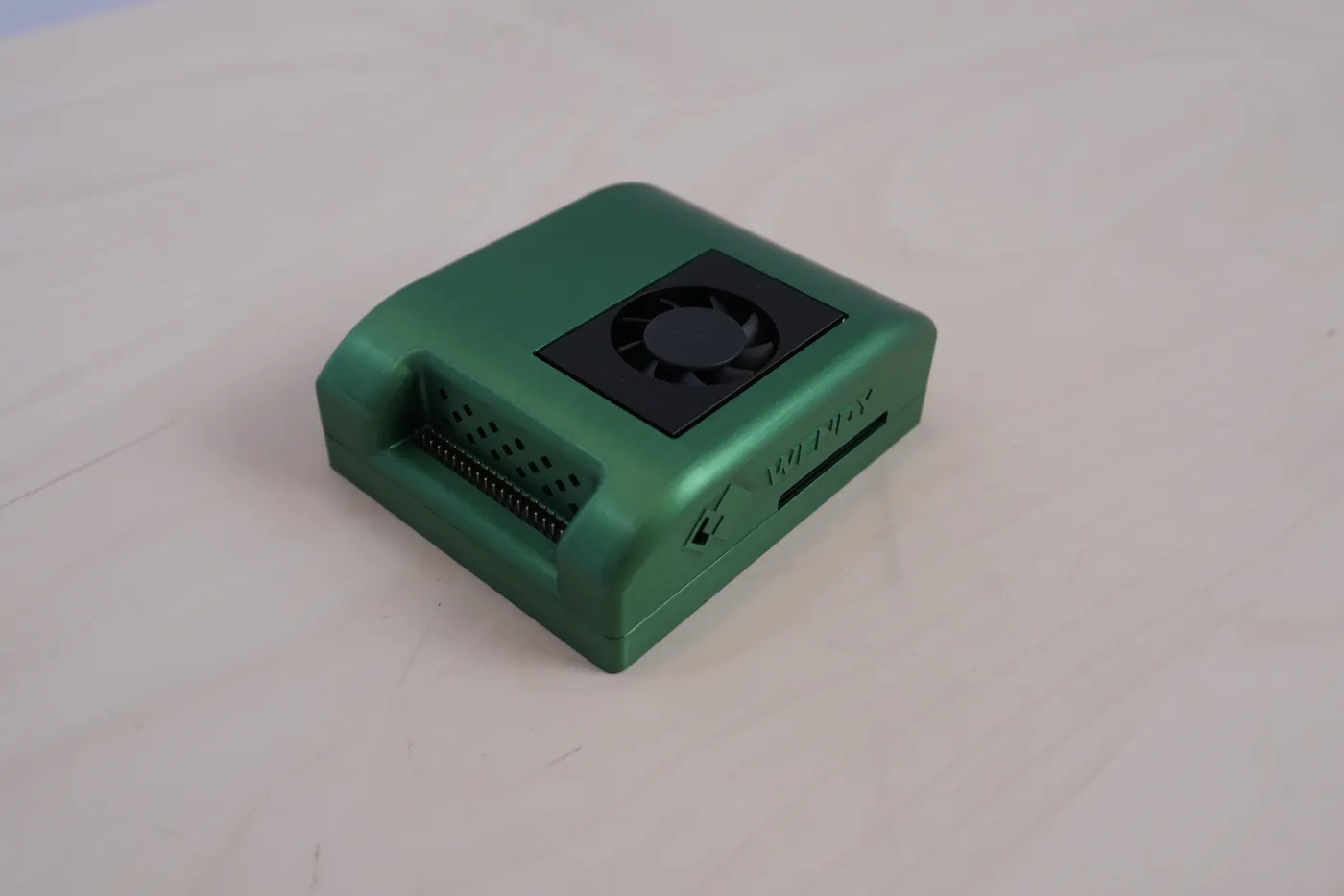 Angled view of the Wendy Jetson showing the fan and GPIO header