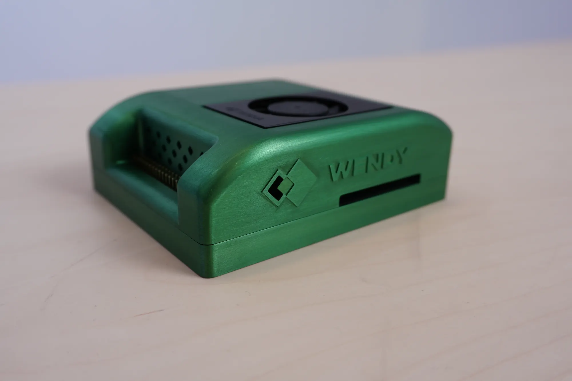 Green machined-aluminum Wendy Jetson developer kit with the WENDY logo
