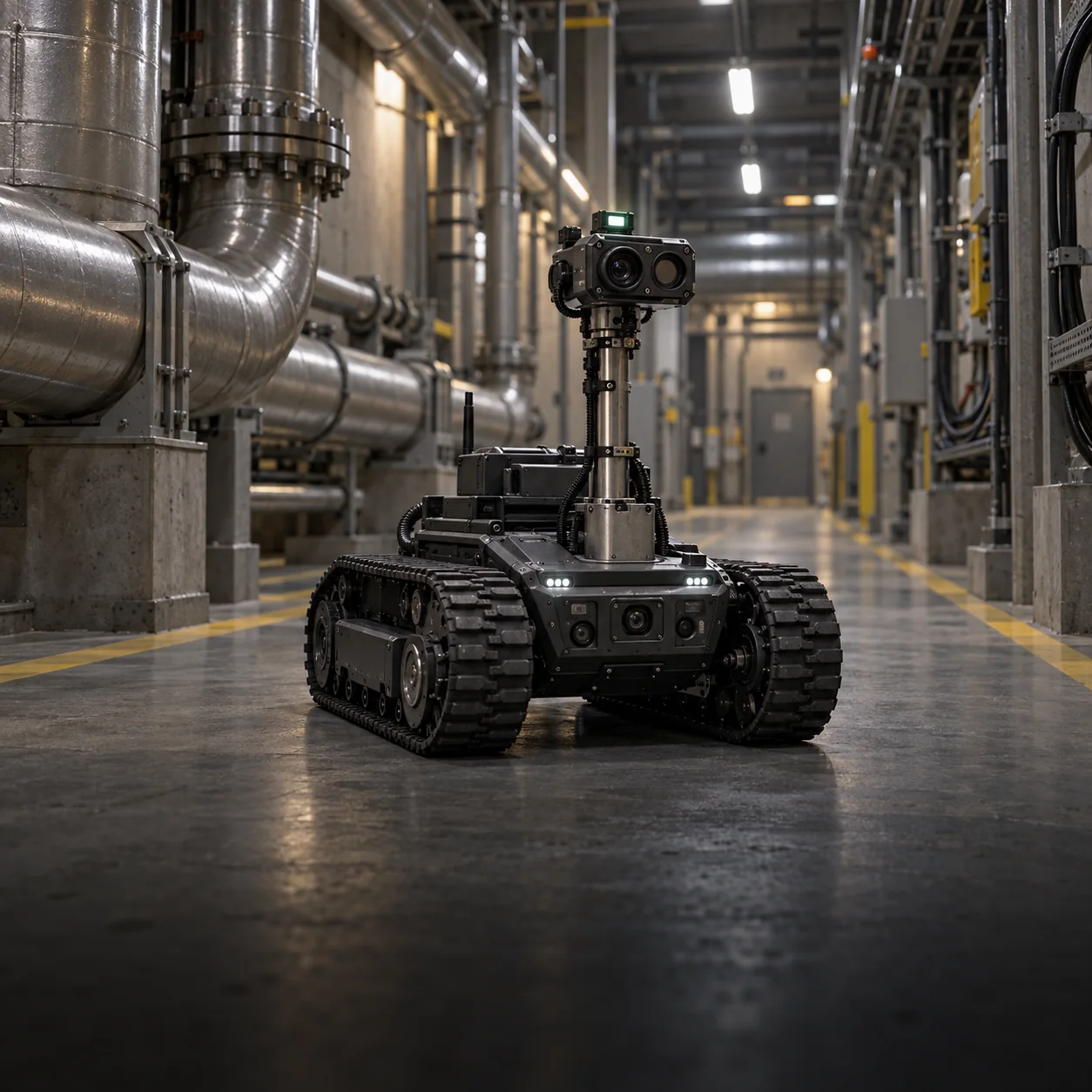 Concept visualization of a tracked inspection robot with a camera mast in an industrial pipework corridor.